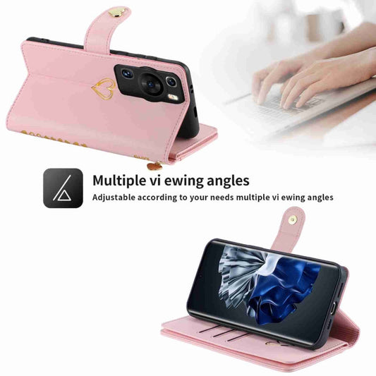 Pour Huawei P60 Pro POLA Love Étui portefeuille en cuir avec fermeture éclair et fentes pour cartes multiples (Rose)