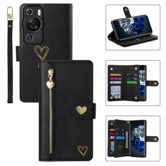Pour Huawei P60 Pro POLA Love Étui portefeuille en cuir avec fermeture éclair et plusieurs emplacements pour cartes (noir)