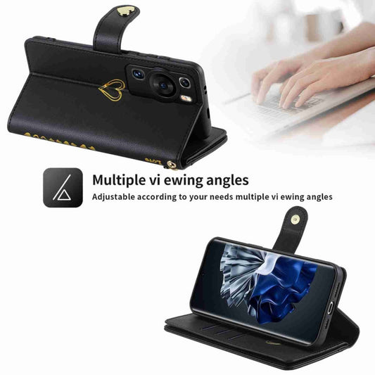 Pour Huawei P60 Pro POLA Love Étui portefeuille en cuir avec fermeture éclair et plusieurs emplacements pour cartes (noir)