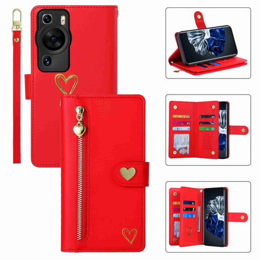 Pour Huawei P60 Pro POLA Love Étui portefeuille en cuir avec fermeture éclair et fentes pour plusieurs cartes (Rouge)