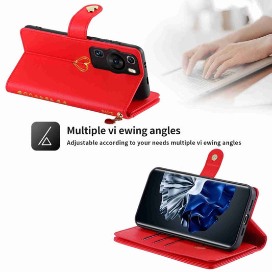 Pour Huawei P60 Pro POLA Love Étui portefeuille en cuir avec fermeture éclair et fentes pour plusieurs cartes (Rouge)