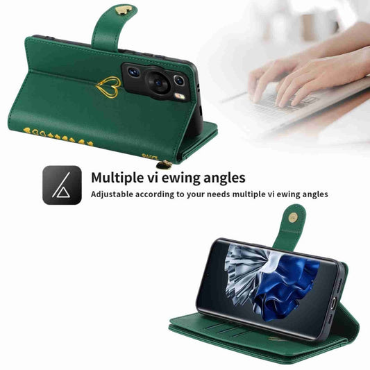 Pour Huawei P60 Pro POLA Amour Étui portefeuille en cuir avec fermeture éclair et emplacements multi-cartes (vert foncé)