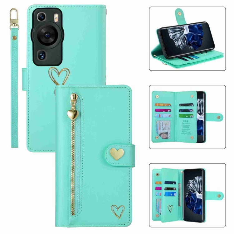 Pour Huawei P60 Pro POLA Love Multi-fentes Fermeture Éclair Portefeuille Étui de Téléphone en Cuir (Vert Clair)