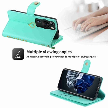 Pour Huawei P60 Pro POLA Love Multi-fentes Fermeture Éclair Portefeuille Étui de Téléphone en Cuir (Vert Clair)