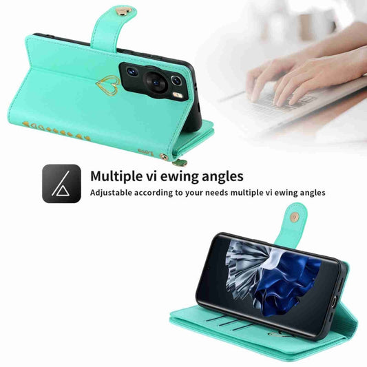 Pour Huawei P60 Pro POLA Love Multi-fentes Fermeture Éclair Portefeuille Étui de Téléphone en Cuir (Vert Clair)
