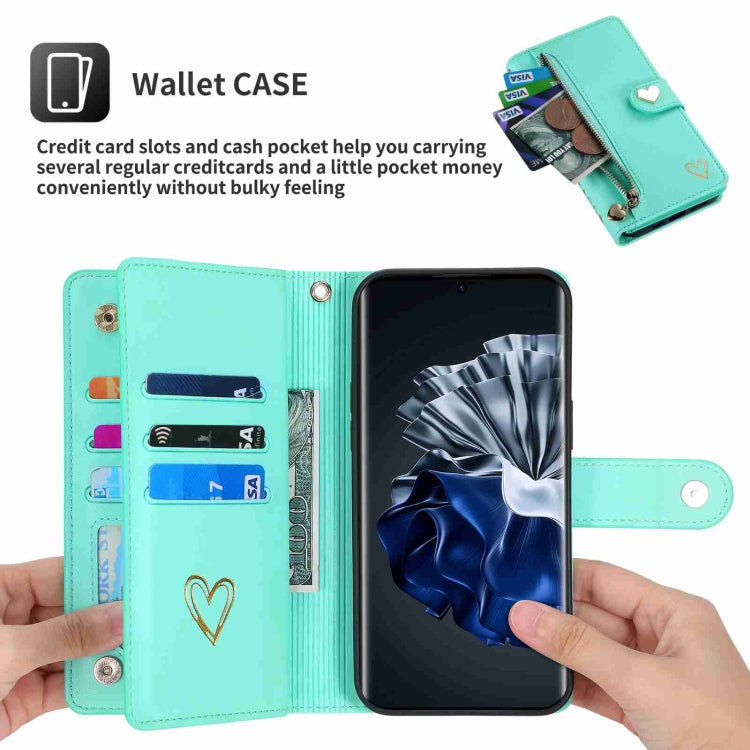 Pour Huawei P60 Pro POLA Love Multi-fentes Fermeture Éclair Portefeuille Étui de Téléphone en Cuir (Vert Clair)