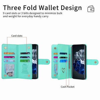 Pour Huawei P60 Pro POLA Love Multi-fentes Fermeture Éclair Portefeuille Étui de Téléphone en Cuir (Vert Clair)