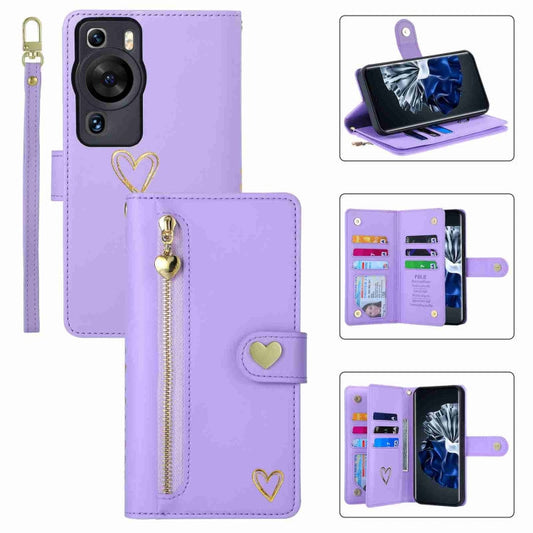 Pour Huawei P60 Pro POLA Amour Multi-fentes Fermeture éclair Portefeuille Étui Téléphone en Cuir (Violet)