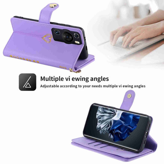 Pour Huawei P60 Pro POLA Amour Multi-fentes Fermeture éclair Portefeuille Étui Téléphone en Cuir (Violet)