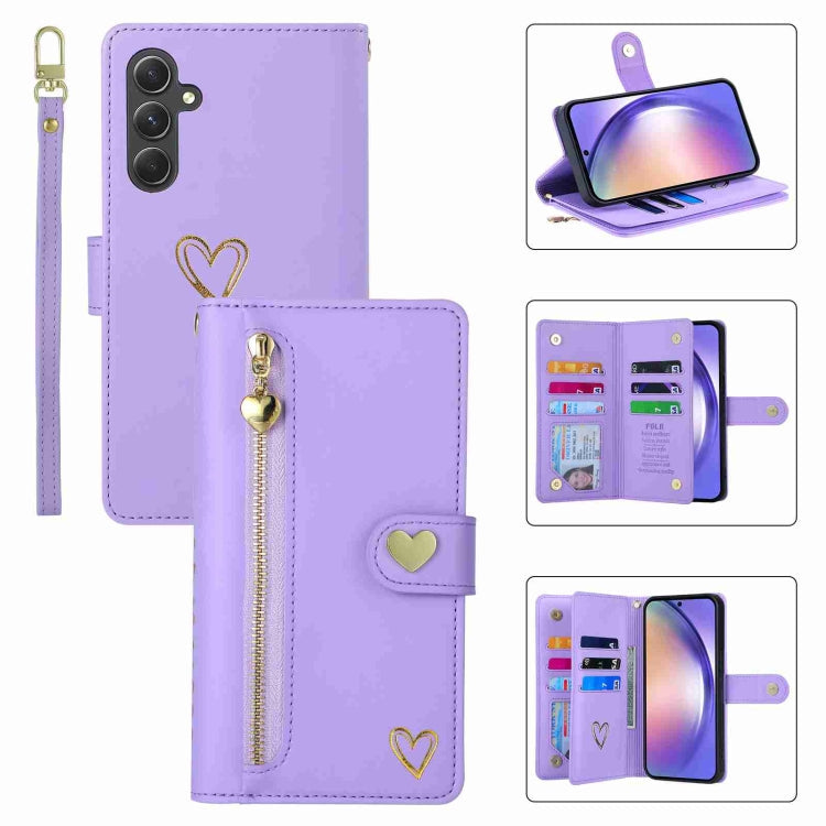 Pour Samsung Galaxy A54 POLA Love Étui portefeuille en cuir avec emplacements pour cartes multiples et fermeture éclair (violet)