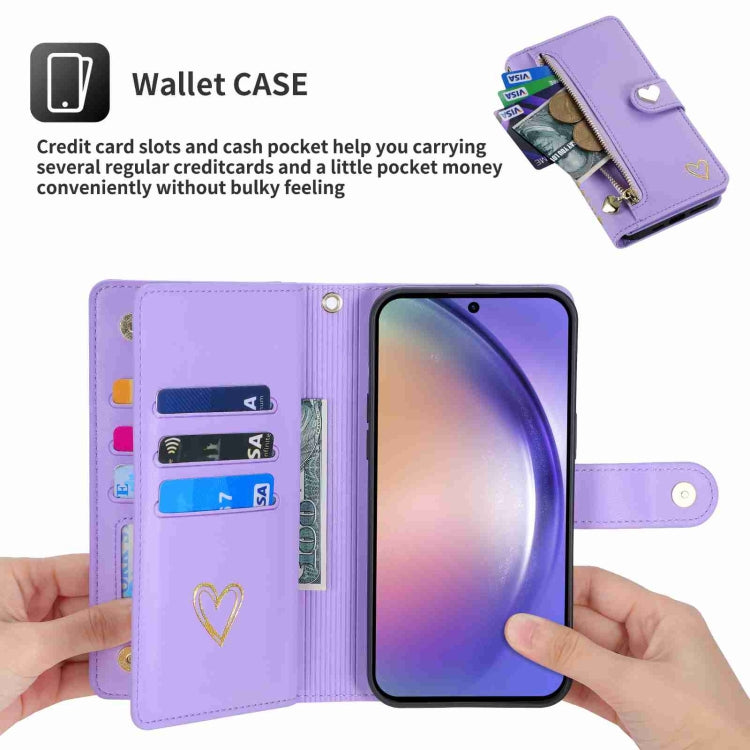 Pour Samsung Galaxy A54 POLA Love Étui portefeuille en cuir avec emplacements pour cartes multiples et fermeture éclair (violet)