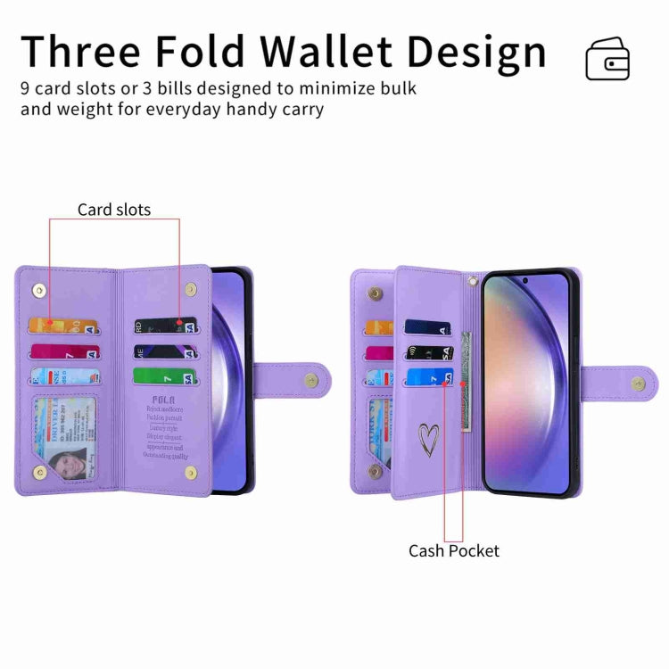 Pour Samsung Galaxy A54 POLA Love Étui portefeuille en cuir avec emplacements pour cartes multiples et fermeture éclair (violet)