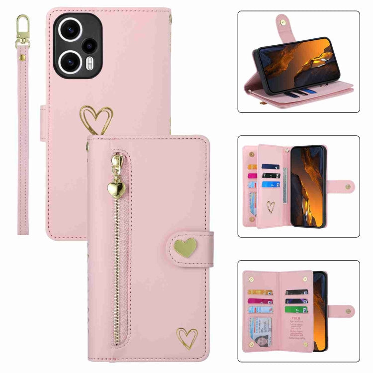 Pour Xiaomi Poco F5 POLA Love Étui portefeuille en cuir avec fermeture éclair et multiples fentes pour cartes (Rose)