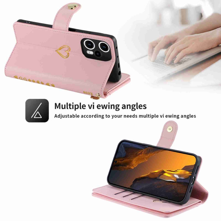Pour Xiaomi Poco F5 POLA Love Étui portefeuille en cuir avec fermeture éclair et multiples fentes pour cartes (Rose)