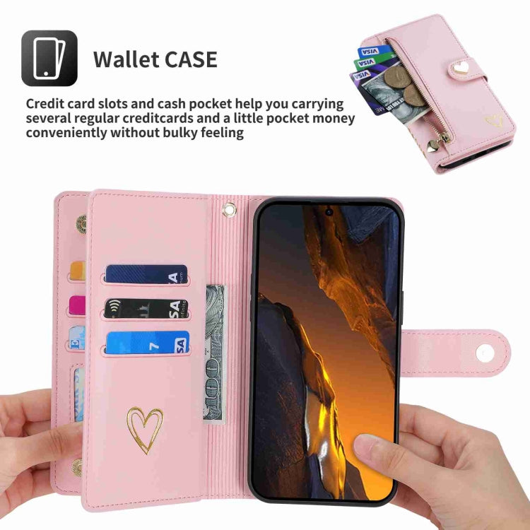 Pour Xiaomi Poco F5 POLA Love Étui portefeuille en cuir avec fermeture éclair et multiples fentes pour cartes (Rose)