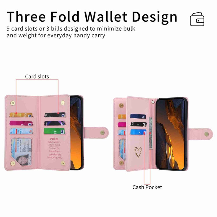 Pour Xiaomi Poco F5 POLA Love Étui portefeuille en cuir avec fermeture éclair et multiples fentes pour cartes (Rose)