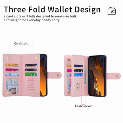 Pour Xiaomi Poco F5 POLA Love Étui portefeuille en cuir avec fermeture éclair et multiples fentes pour cartes (Rose)