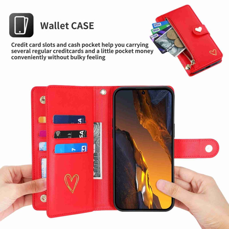For Xiaomi Poco F5 POLA Love Multi-Card Slots Zipper Wallet Leather Phone Case(Red)
