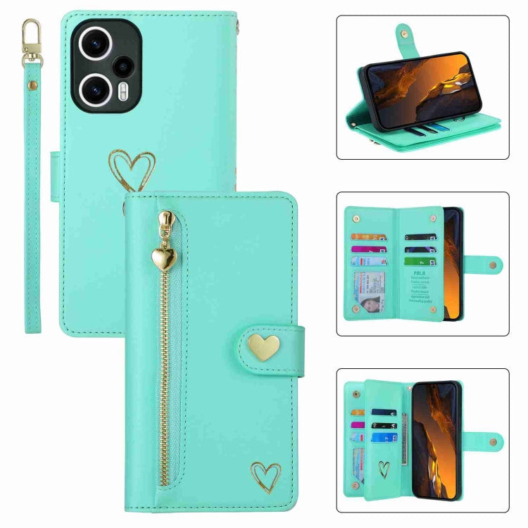 Pour Xiaomi Poco F5 POLA Étui portefeuille en cuir avec fermeture éclair et plusieurs emplacements pour cartes (vert clair)