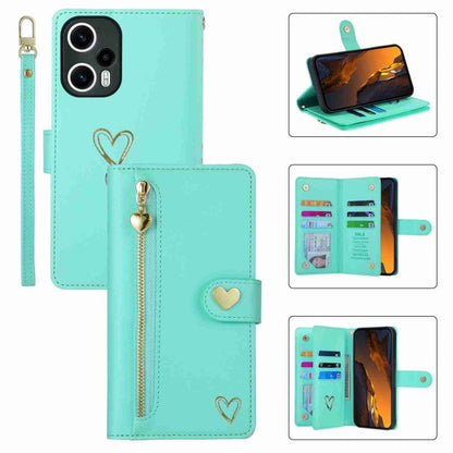 Pour Xiaomi Poco F5 POLA Étui portefeuille en cuir avec fermeture éclair et plusieurs emplacements pour cartes (vert clair)