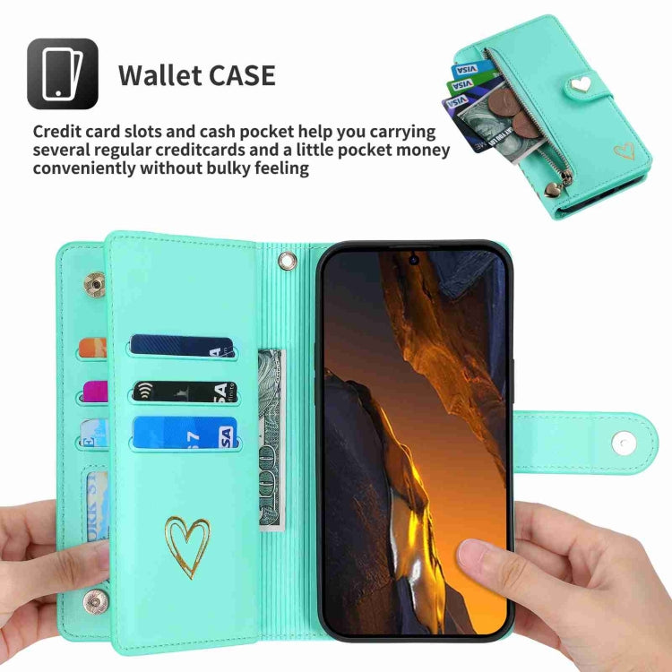 Pour Xiaomi Poco F5 POLA Étui portefeuille en cuir avec fermeture éclair et plusieurs emplacements pour cartes (vert clair)