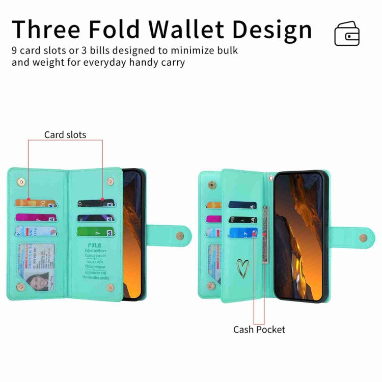 Pour Xiaomi Poco F5 POLA Étui portefeuille en cuir avec fermeture éclair et plusieurs emplacements pour cartes (vert clair)