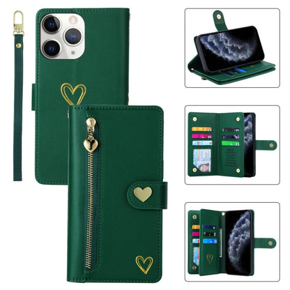 For iPhone 11 Pro Max POLA Love Multi-Card Slots Zipper Wallet Leather Phone Case(Dark Green)