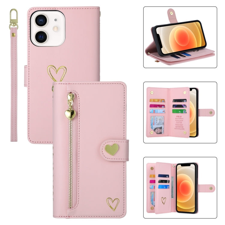 For iPhone 12 POLA Love Multi-Card Slots Zipper Wallet Leather Phone Case(Pink)