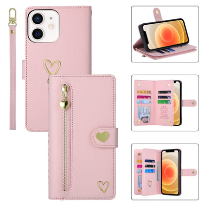 For iPhone 12 POLA Love Multi-Card Slots Zipper Wallet Leather Phone Case(Pink)
