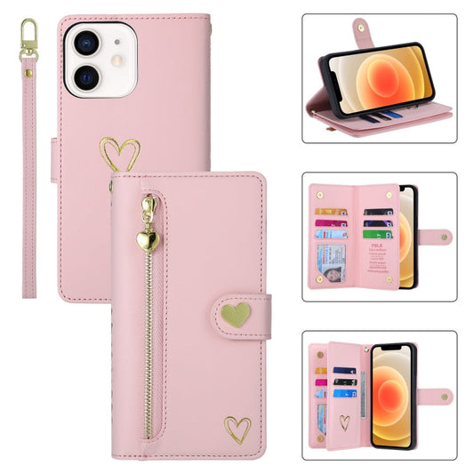 Pour iPhone 12 Étui portefeuille en cuir POLA Love à fermeture éclair et emplacements multiples (Rose)