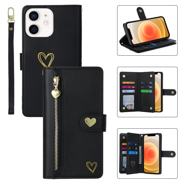 For iPhone 12 POLA Love Multi-Card Slots Zipper Wallet Leather Phone Case(Black)