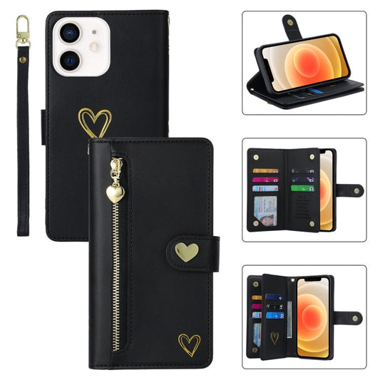 Pour iPhone 12 POLA Amour Multi-fentes pour cartes Étui portefeuille en cuir avec fermeture éclair (Noir)