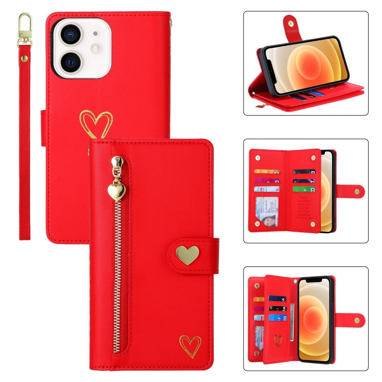For iPhone 12 POLA Love Multi-Card Slots Zipper Wallet Leather Phone Case(Red)