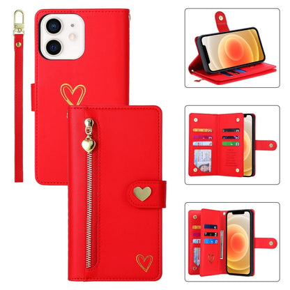 For iPhone 12 POLA Love Multi-Card Slots Zipper Wallet Leather Phone Case(Red)