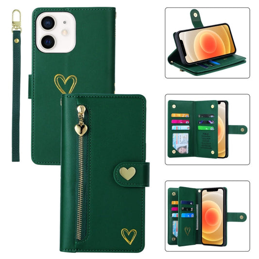Pour iPhone 12, étui portefeuille en cuir avec fermeture éclair et emplacements multiples pour cartes POLA Love (vert foncé)