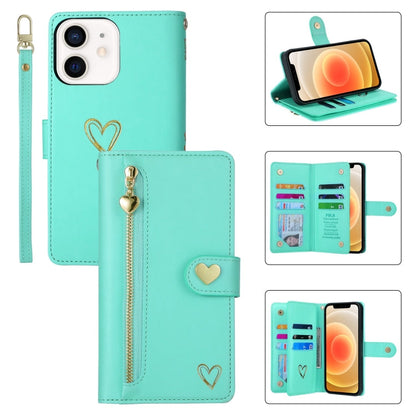 For iPhone 12 POLA Love Multi-Card Slots Zipper Wallet Leather Phone Case(Light Green)