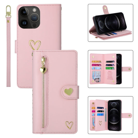 Pour iPhone 12 Pro Étui de Téléphone en Cuir avec Portefeuille à Fermeture Éclair Multi-Fentes pour Cartes POLA Love (Rose)