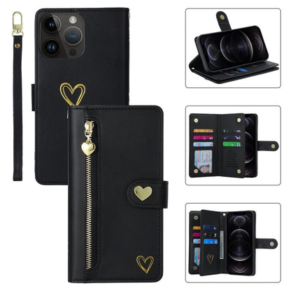 For iPhone 12 Pro POLA Love Multi-Card Slots Zipper Wallet Leather Phone Case(Black)