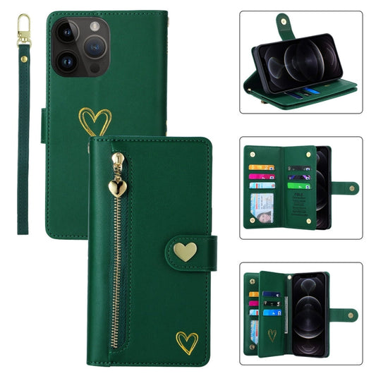 Pour iPhone 12 Pro POLA Love Étui portefeuille en cuir avec fermeture éclair et fentes multiples (Vert foncé)