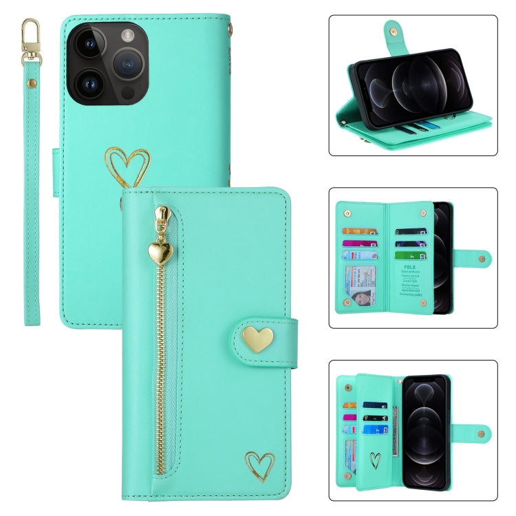 Pour iPhone 12 Pro POLA Amour Multi-fentes Fermeture Éclair Portefeuille Coque de Téléphone en Cuir (Vert Clair)