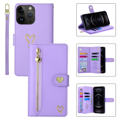 Pour iPhone 12 Pro POLA Love Étui portefeuille en cuir avec fermeture éclair et fentes pour cartes multiples (violet)