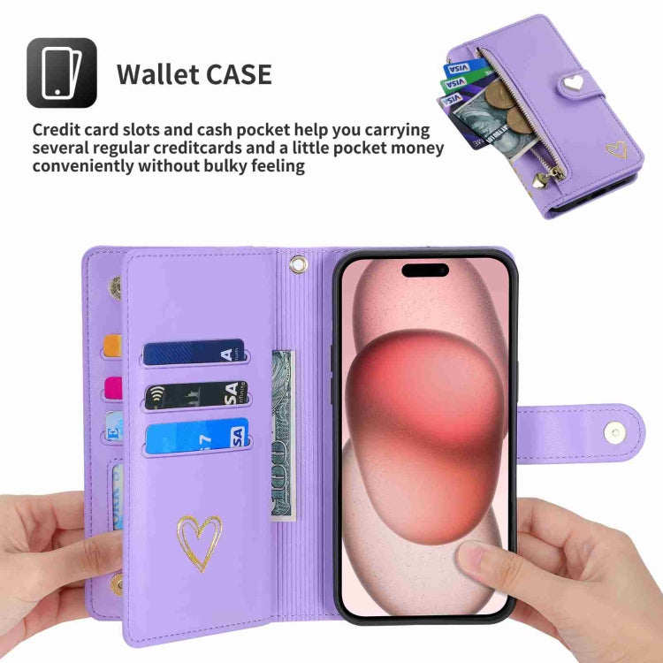 Pour iPhone 12 Pro POLA Love Étui portefeuille en cuir avec fermeture éclair et fentes pour cartes multiples (violet)