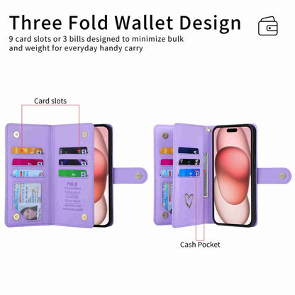 Pour iPhone 12 Pro POLA Love Étui portefeuille en cuir avec fermeture éclair et fentes pour cartes multiples (violet)