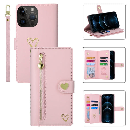 Pour iPhone 12 Pro Max POLA Love Étui portefeuille en cuir avec fermeture éclair et plusieurs fentes pour cartes (rose)