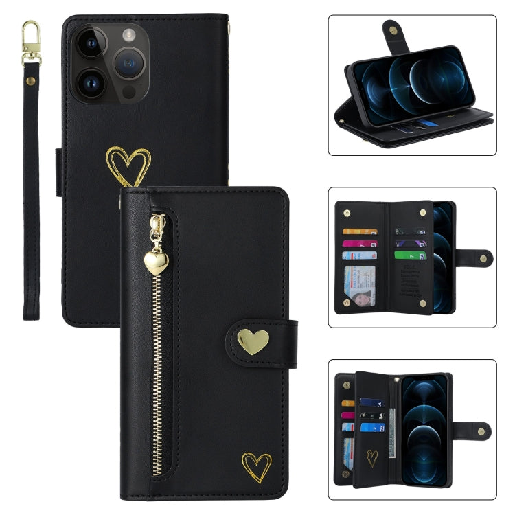 For iPhone 12 Pro Max POLA Love Multi-Card Slots Zipper Wallet Leather Phone Case(Black)