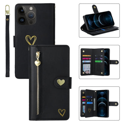 For iPhone 12 Pro Max POLA Love Multi-Card Slots Zipper Wallet Leather Phone Case(Black)