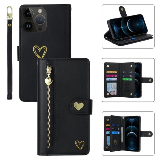 Pour iPhone 12 Pro Max Étui portefeuille en cuir POLA Love Multi-Cartes avec fermeture éclair (Noir)
