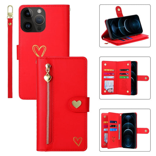 Pour iPhone 12 Pro Max Étui portefeuille en cuir POLA Love avec fermeture éclair et emplacements multi-cartes (rouge)