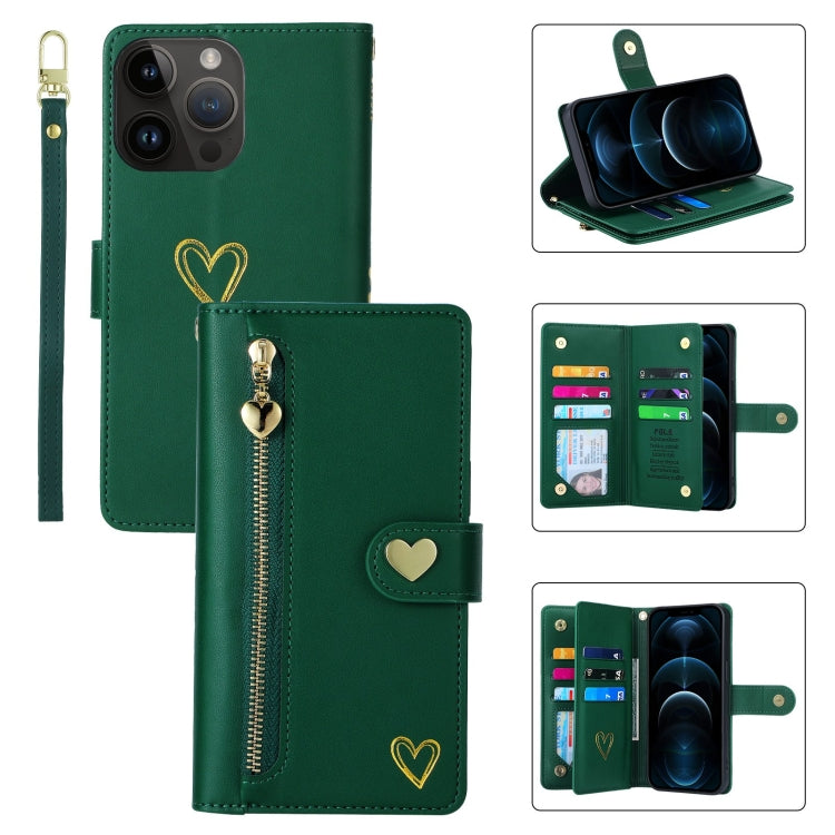 Pour iPhone 12 Pro Max Étui Portefeuille en Cuir avec Fermeture Éclair et Multiples Fentes pour Cartes POLA Love (Vert Foncé)