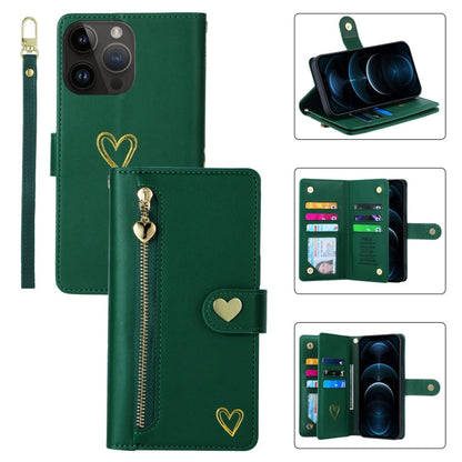 Pour iPhone 12 Pro Max Étui Portefeuille en Cuir avec Fermeture Éclair et Multiples Fentes pour Cartes POLA Love (Vert Foncé)